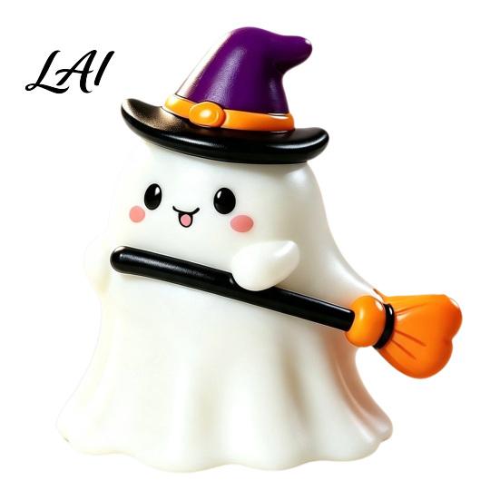 Small Ghost Sculpture Halloween Resin Figurine Creepy Witch Hat Statue Desktop Statue Pumpkin Reading Ornament for Holiday Party Decoration Figurine