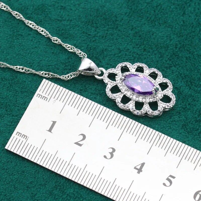 Фиолетовый аметист серебро 925 пробы комплект ювелирных изделий для женщин серьги ожерелье кулон кольцо браслет вечерние подарок на день рождения