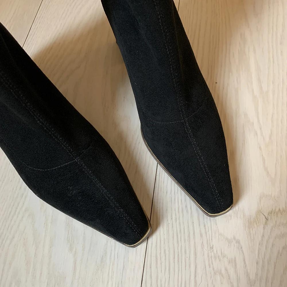 Мода Осень Зима Мода Детская замша Женские ботильоны Острый носок Пряжа Эластичные ботильоны до щиколотки Обувь на тонком каблуке Слипоны Женские носки Ботас Феми