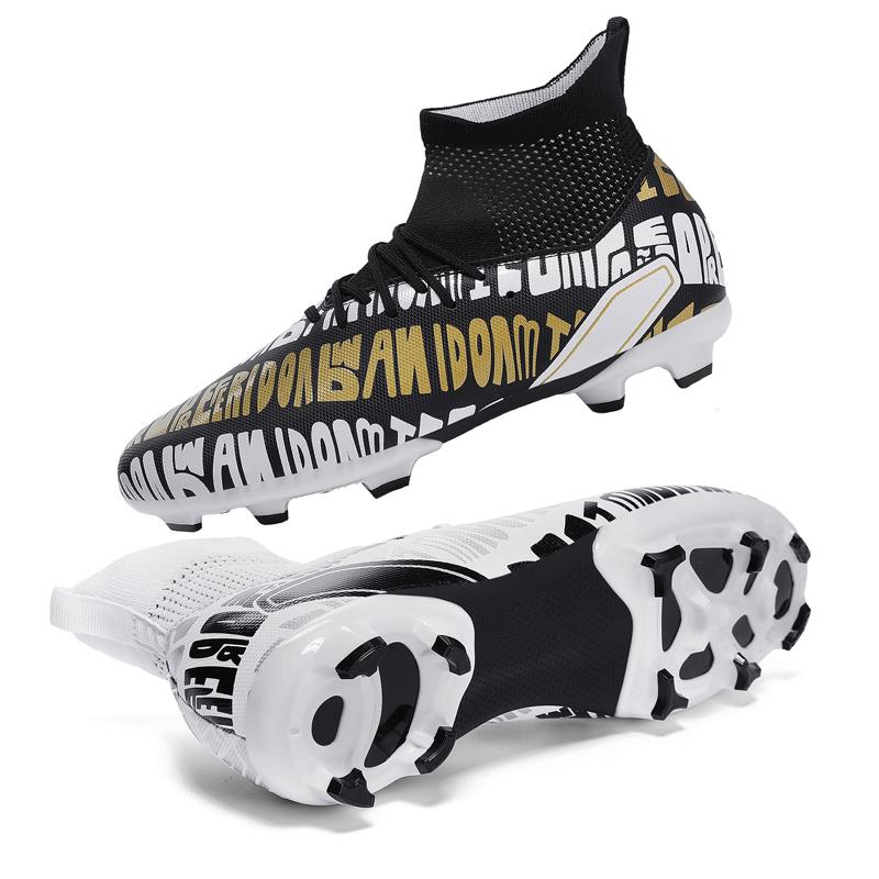 Футбольные бутсы, бутсы с текстовым узором, высокие кеды, длинные гвозди, высокие эластичные носки, тренировочные детские футбольные бутсы с искусственным лугом