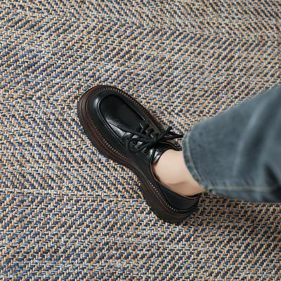 Британские лоферы на платформе со шнуровкой для женской весенне-летней новой обуви, два способа носки, на одном ремешке, с круглым носком, на толстом каблуке, черные, из маленькой кожи