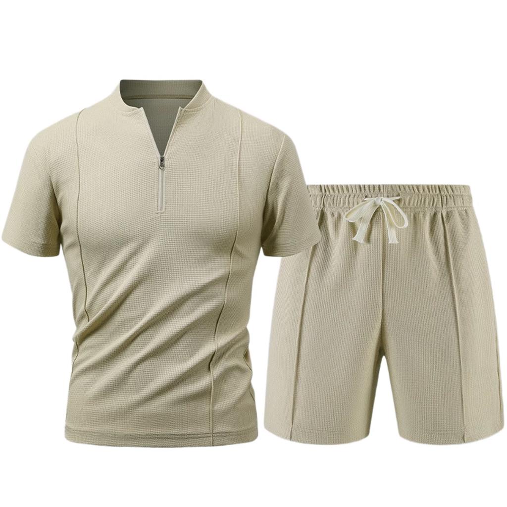 Мужской летний спортивный комплект: футболка с коротким рукавом на молнии, шорты, повседневные брюки-двойка