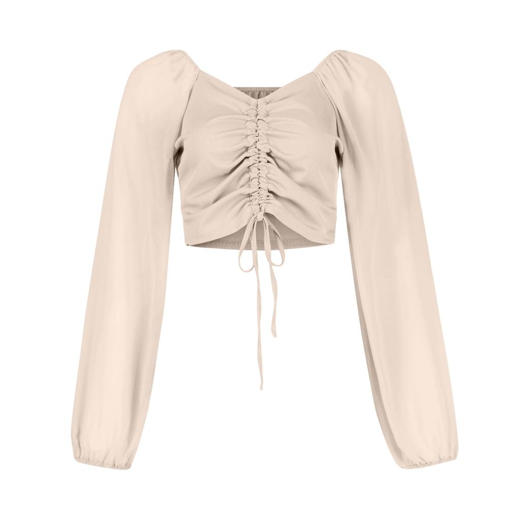 Ladies Casual Solid Color Square Neck Pullover Mesh Splicing Sexy Fashion Top