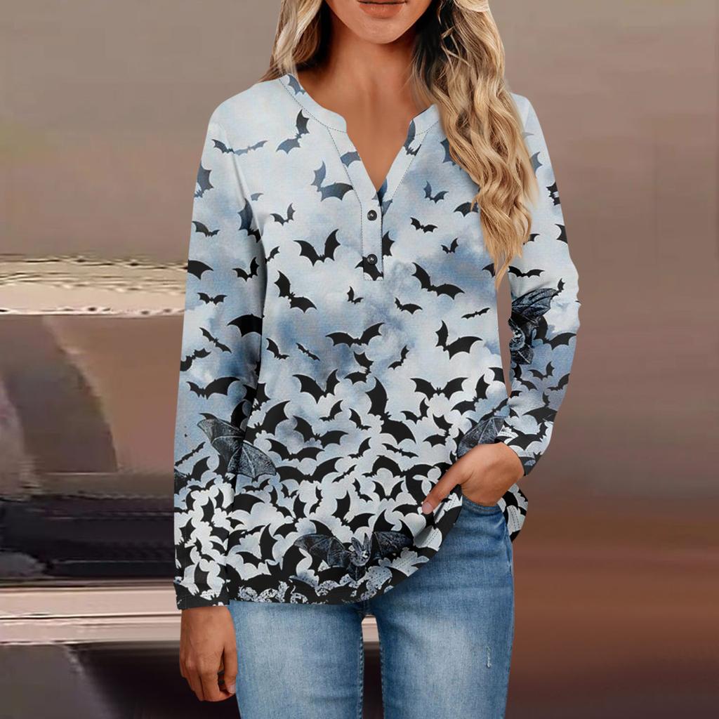 Women's Button Neck Tops Women's Casual Everyday Tops Long Sleeve V Neck Fashion Print Shirt Tops Pocket Tee Sweatshirts