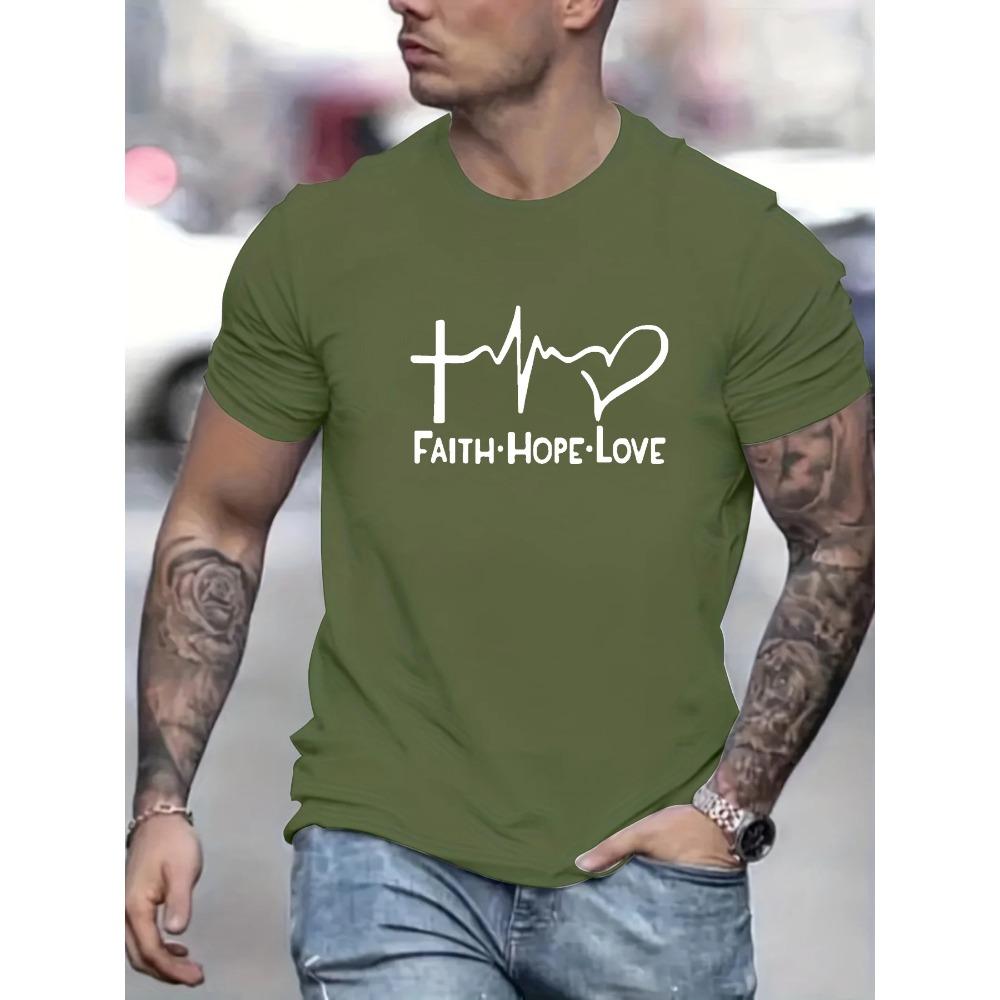Men's 100% Cotton Fashionable Casual Sports Loose Fit Plus Size FAITH HOPE LOVE Printed Round Neck Short Sleeved T-shirt Top