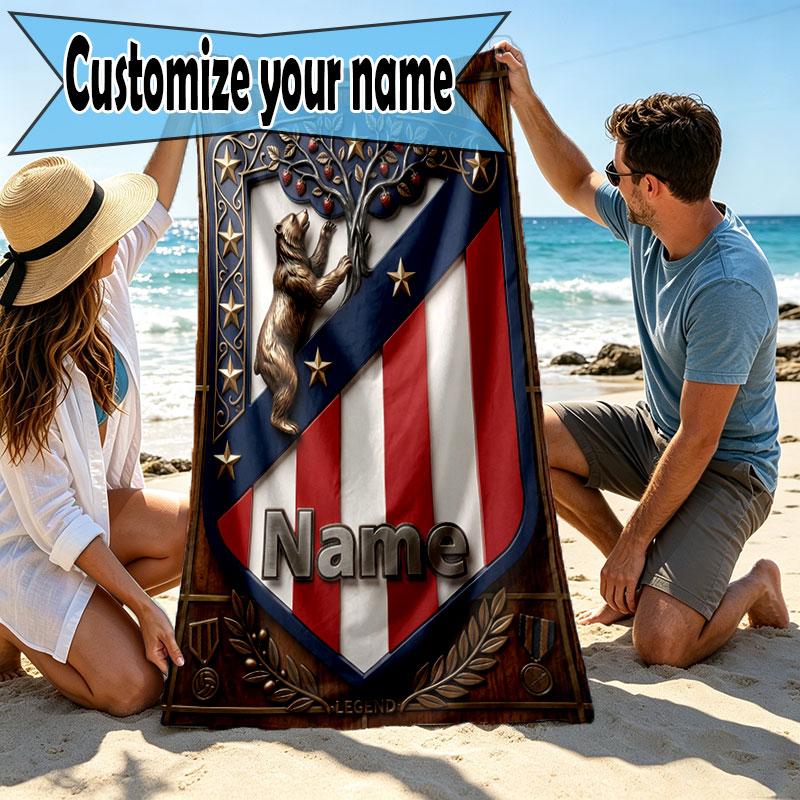 Custom Name Personalized Atletico Madrid Print Beach Towel, for Trip Camping Beach Party Home Decor, Birthday Gift for Family & Friends