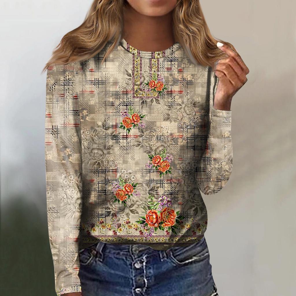 Женская мода, повседневная блузка с длинным рукавом и круглым вырезом, пуловер с принтом