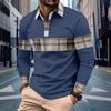 New Men's Casual Polo Shirt Long-Sleeved Colour-Blocked Checkered Button-Down Waffle-Weave Print Long-Sleeved Top