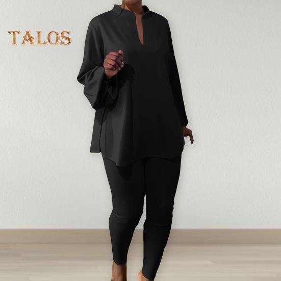 2 шт./компл., женский топ, брюки, комплект с воротником-стойкой и длинным рукавом, свободная блузка с разрезом по краю, эластичная талия, облегающие брюки, повседневная одежда, летняя одежда