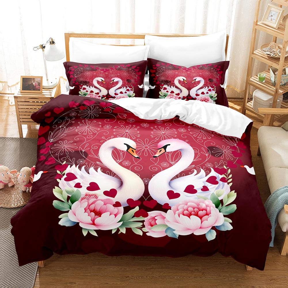 3pcs Swan Couple Bedding Sets 3D Printed Red Flora King Full Size For Couples Gifts Duvet Cover With 2 Pillowcases For Bedroom