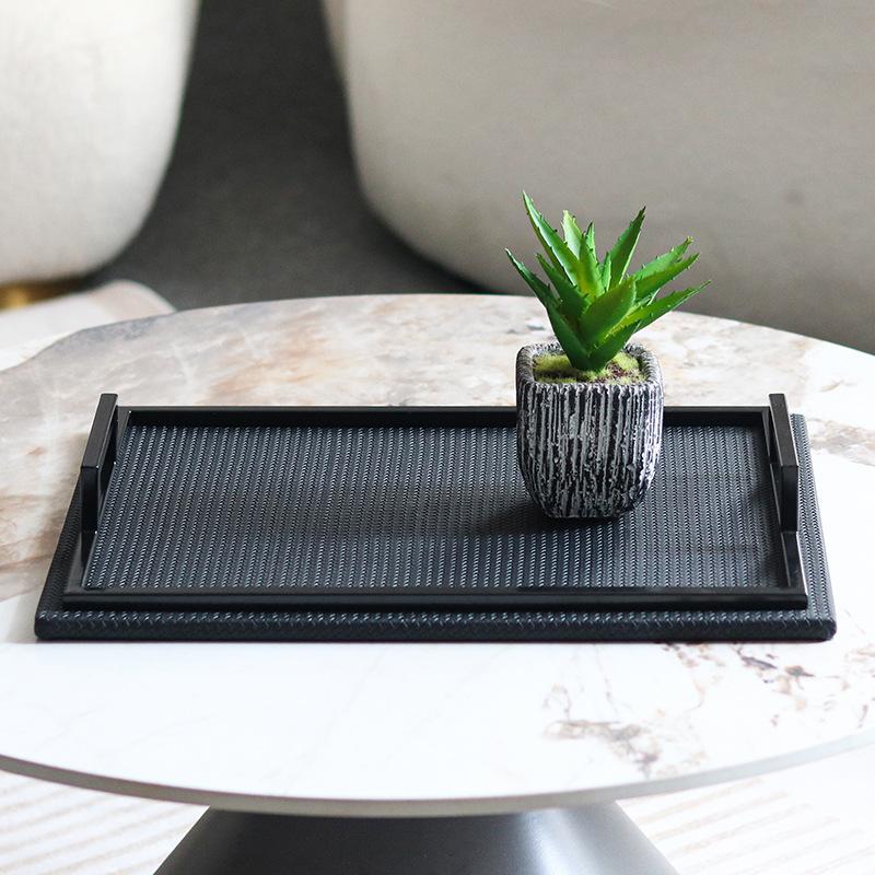Light Luxury Style Rectangular Metal Leather Tray Ornaments Model Room Hotel Living Room Kitchen Portable Dinner Plate Decorations