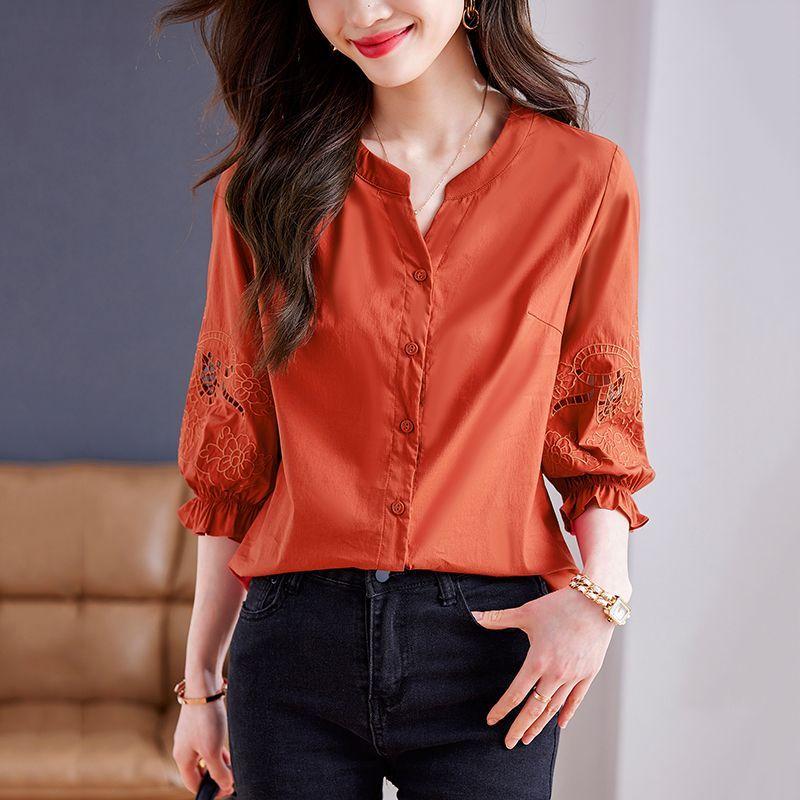 Loose Summer Women's Hollow Embroidery Shirt In Pure Cotton Blouse