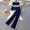 Осенне-зимний спортивный костюм в контрастную полоску, вязаный комплект из 2 предметов, женский свитер на молнии, куртка, пальто + прямые брюки, наряды
