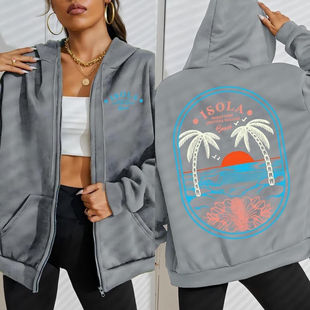 Isola Beach Blue Word Printing Zipper Hoodies Women Casual Pocket Hoody Loose Streetwear Fleece Autumn Clothing