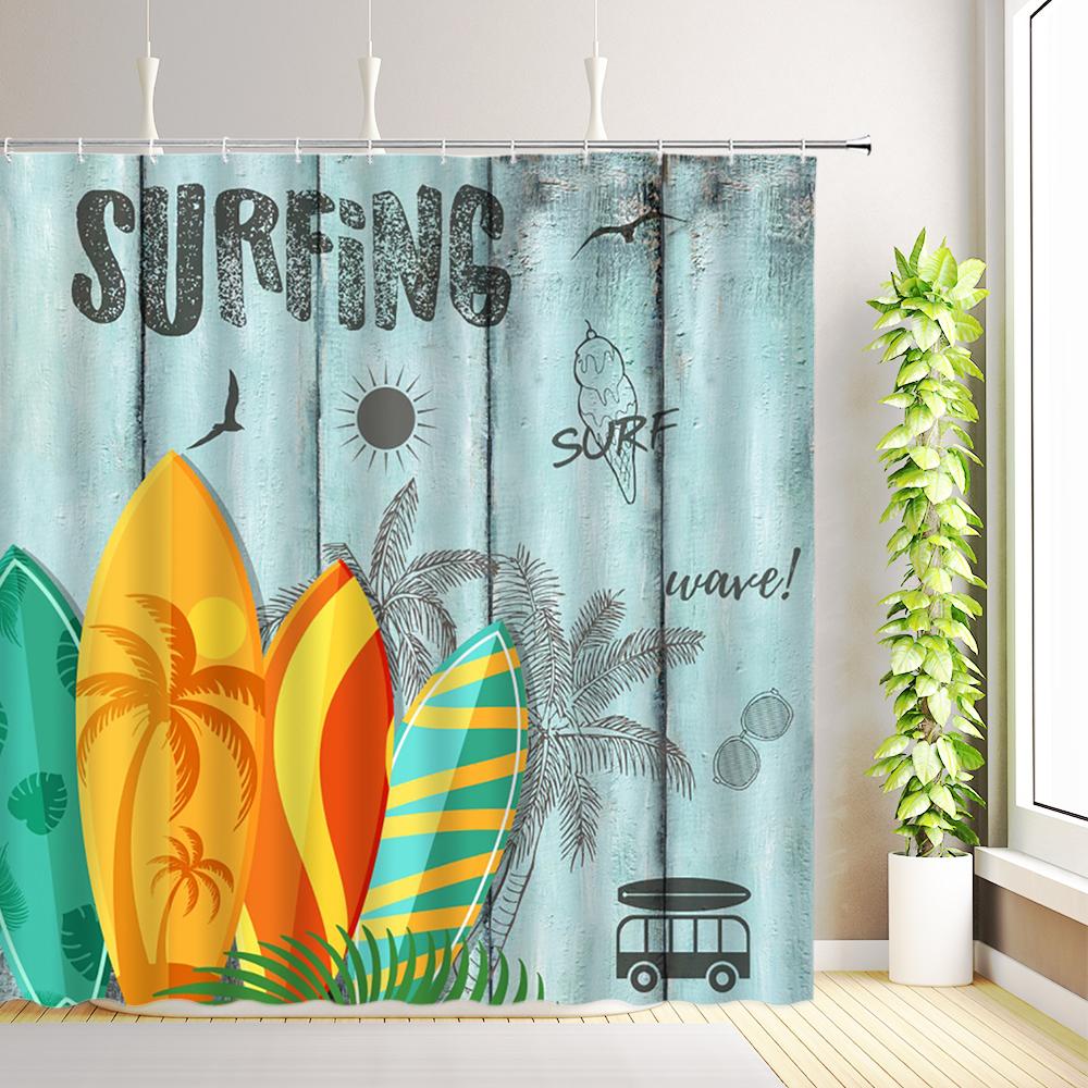 Beach Surf Camper RV Shower Curtain Tropical Palm Tree Travel Camping Car Summer Ocean Surfboard Bathroom Decoration with Hooks