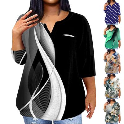 Женский модный повседневный пуловер с рукавами три четверти и V-образным вырезом с принтом, топ с рукавами 4/3