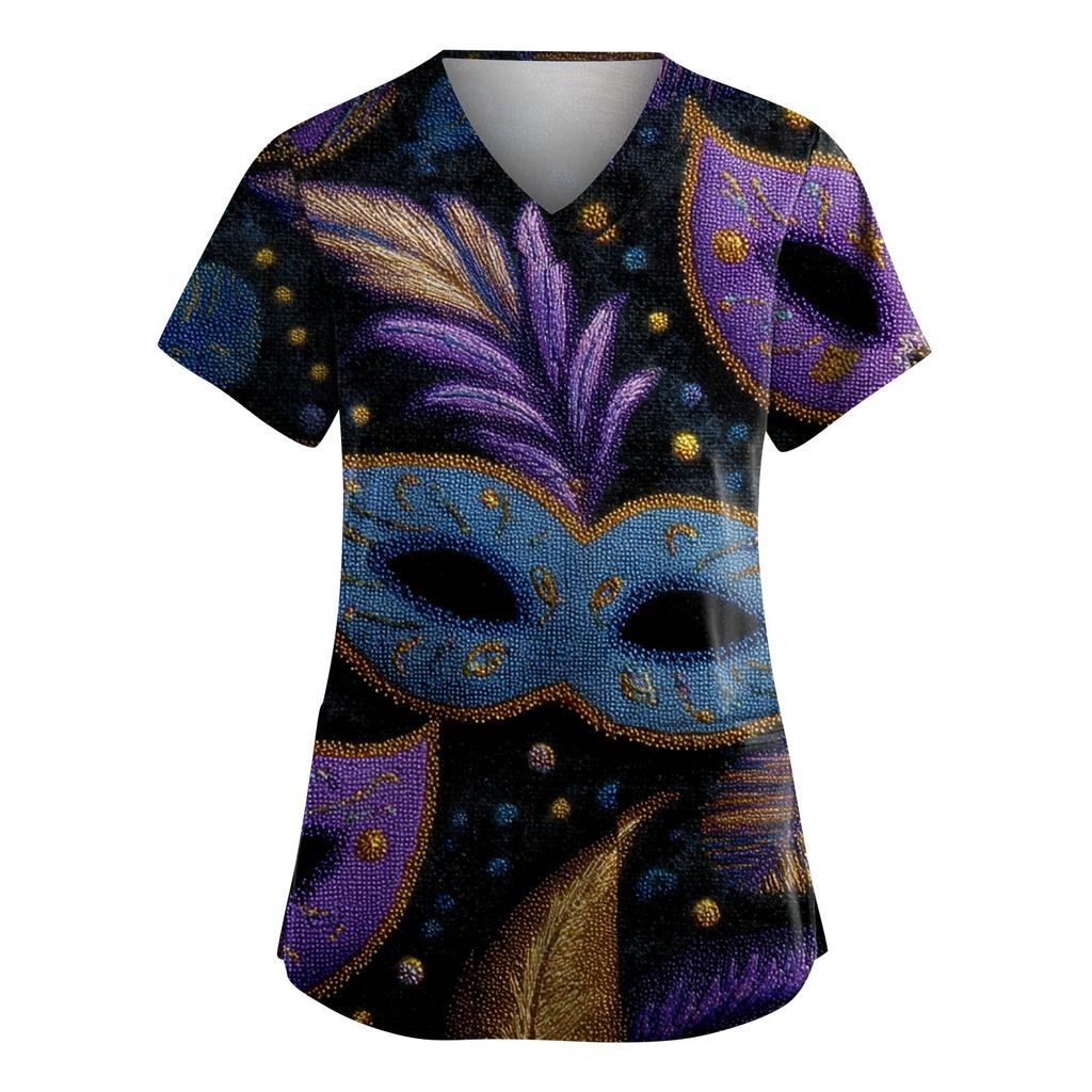 Женская модная рабочая одежда с V-образным вырезом и короткими рукавами, с карманами, топ с карнавальным принтом, униформа для сиделки