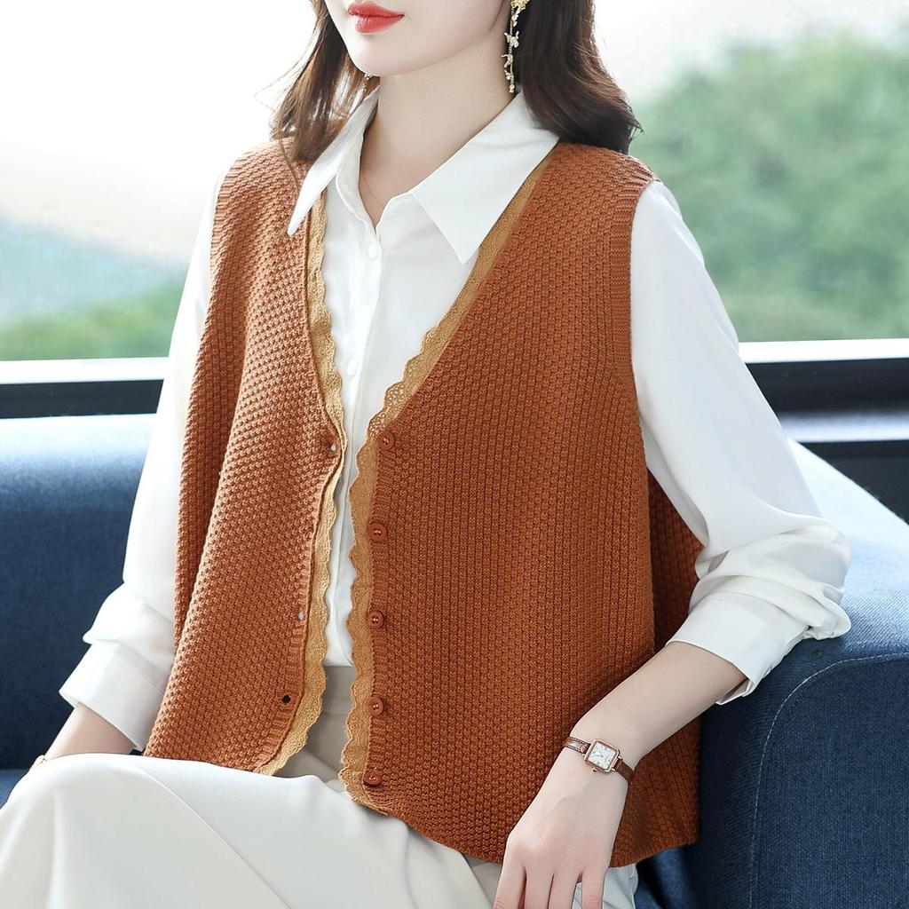 Вязаный жилет с V-образным вырезом и кружевной отделкой - Женский модный кардиган без рукавов на весну/осень для мам среднего возраста