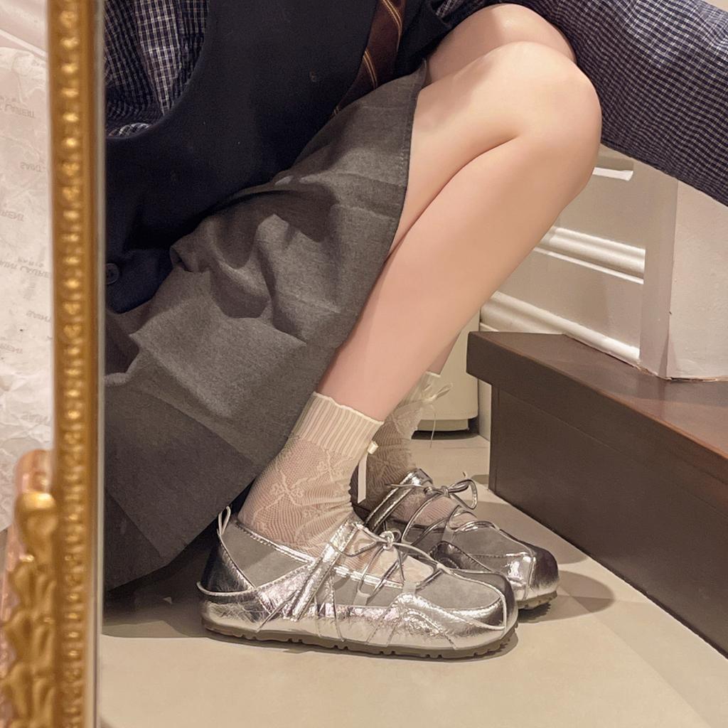 Панк балетки серебристые Мэри Джейн одинарные туфли женские 2025 лето дышащие новые сандалии повседневные с мелким вырезом немецкие тренировочные туфли