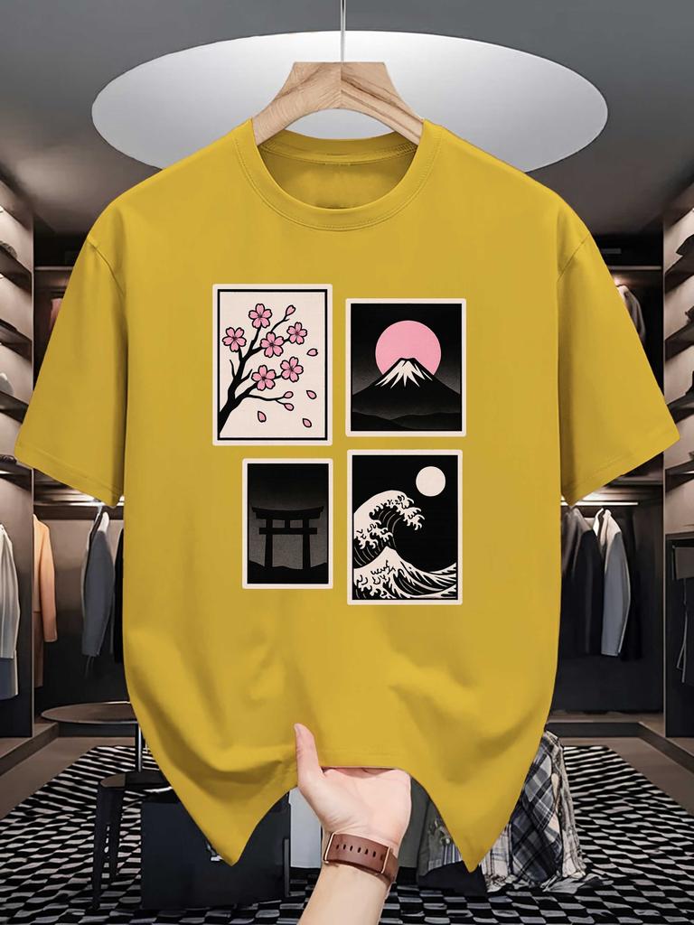 Unisex Crew Neck Tee Japan Ukiyo Landscape Art Graphic Print Soft Cotton Loose Short Sleeve Summer Casual Male Streetwear Tops