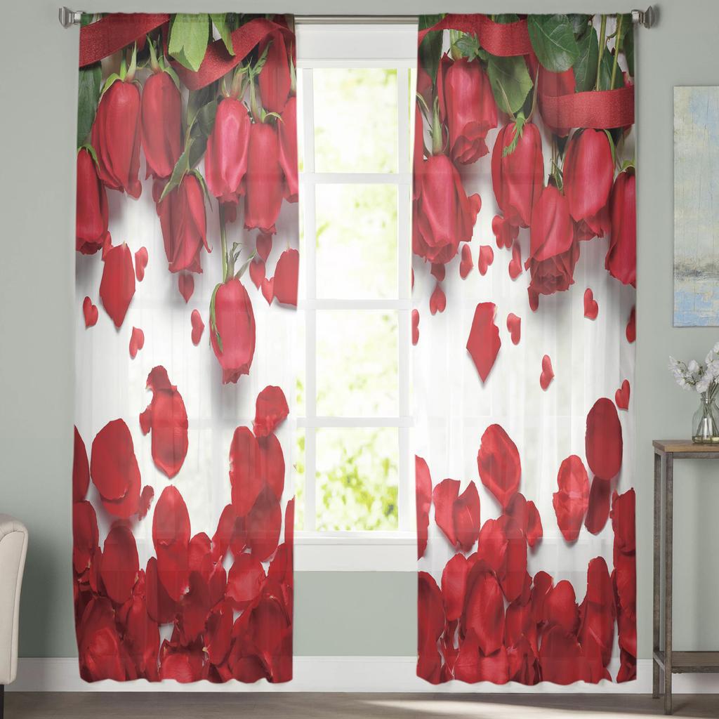 Красная роза, зеленый лист, растение, красивые прозрачные шторы для гостиной, спальни, украшения, оконная вуаль, утренняя тюлевая занавеска