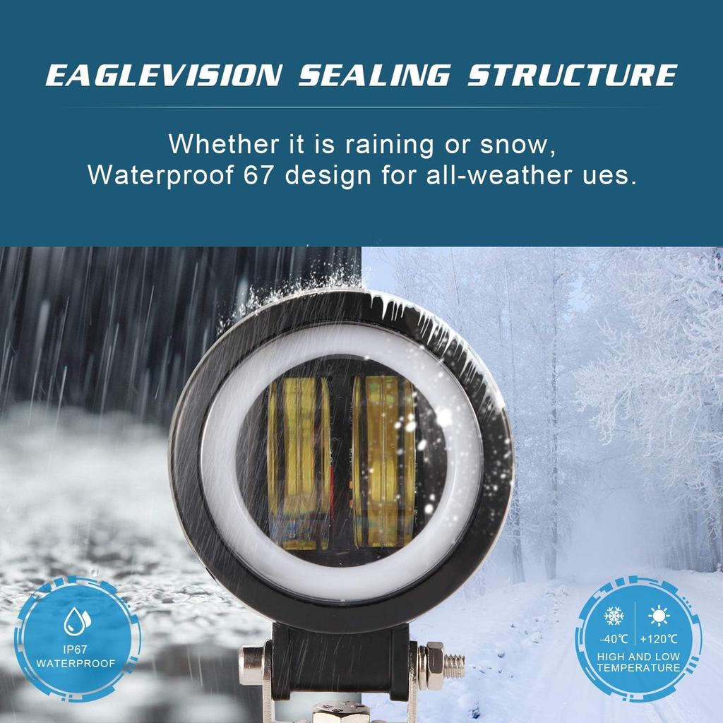 Kairiyard 3Inch LED Motorcycle Driving Lights 60W 6000K Auxiliary Spotlights With DRL/Angel Eye Off Road Light Pod 6000Lm LED Fog Work Light For