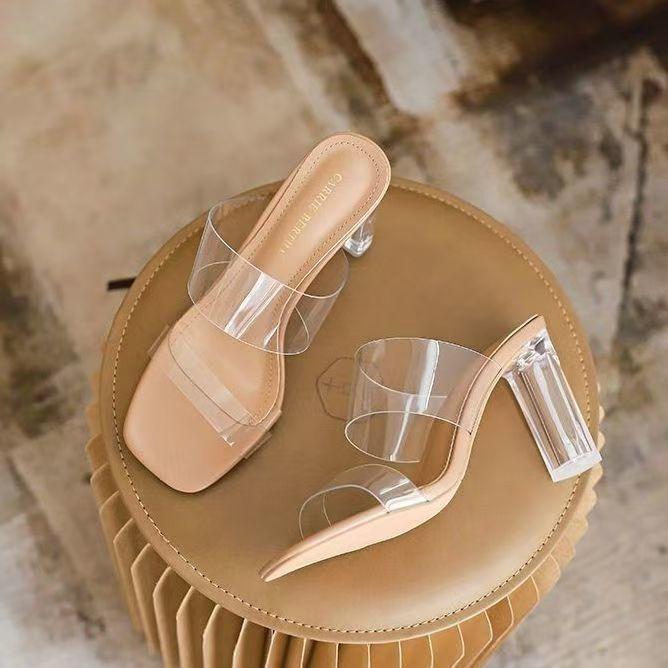 Internet Celebrity Fashion Word with Transparent High Heel Cool Slippers Wear 2025 New Women's Thick Heel Crystal and Nude Sandals