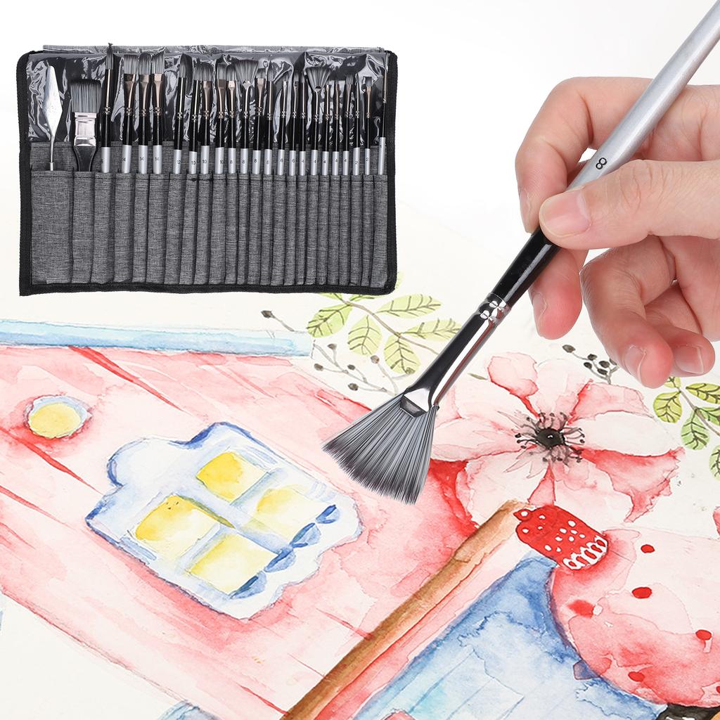 24Pcs Painting Brush Set Nylon Wool Wooden Handle with Bag for Acrylic Watercolor PaintGray