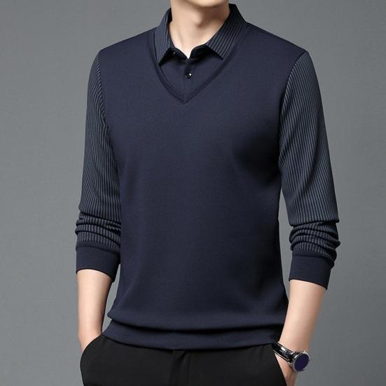 Мужская рубашка осень-весна с отложным воротником, имитация двухсекционного свитера в стиле пэчворк, большой размер, полосатая пуговица, формальный деловой стиль, мужской офисный топ