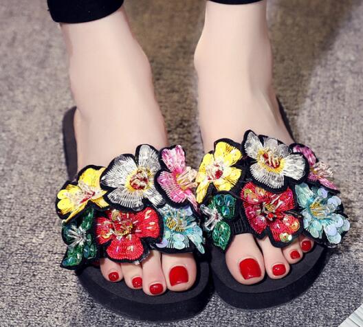 Fashion Colorful Floral Beach Slippers Woman Platform Sandalias Cozy Slip On Shoes Woman Flipflops Mujer Bling Size 35-42 Slides