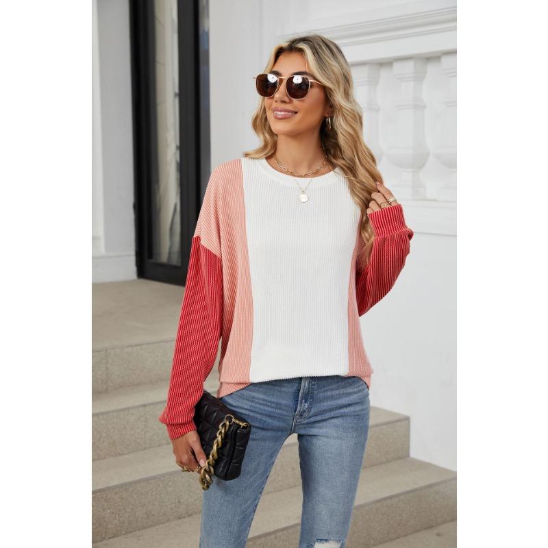 Осенняя женская блузка с круглым вырезом, свободный пуловер с длинным рукавом