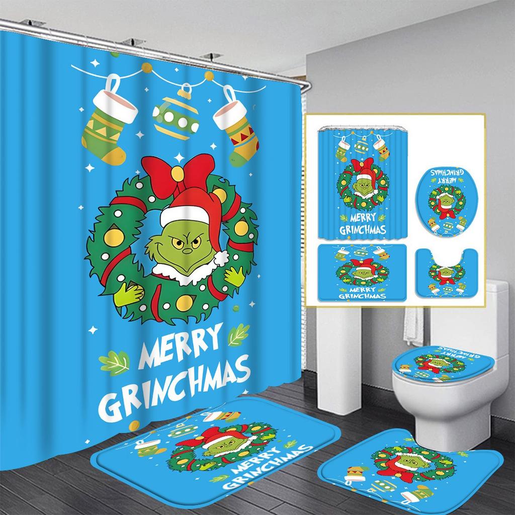 Рождественский узор с зелеными волосами Набор из четырех предметов для занавески для душа с 12 крючками Полиэстеровая водонепроницаемая занавеска для душа.