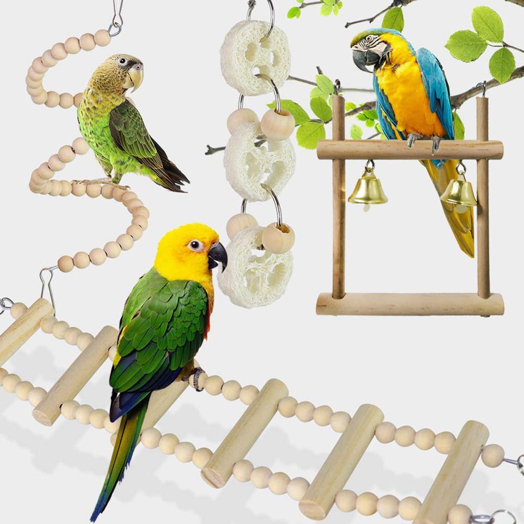 8 Pieces Parrot Chewing Toys Bird Toys Wooden Swing Soft Ladder Ladder Wooden Beads Rotating Stairs for Cockatiel,