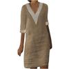 Women's Solid Color V-neck Mid Sleeve Cotton Linen Casual Dress