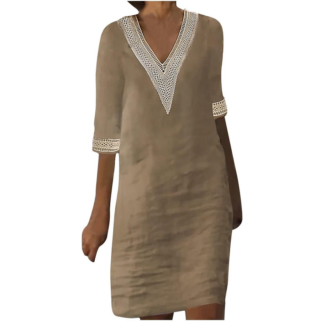 Women's Solid Color V-neck Mid Sleeve Cotton Linen Casual Dress
