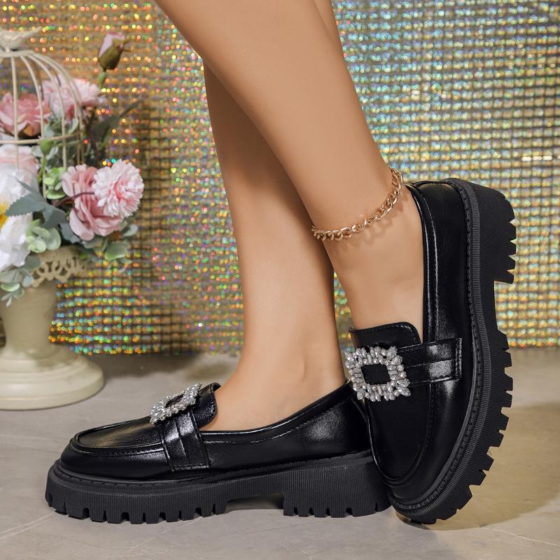 Модный бренд Туфли с пряжкой из стразов Женские Новые Толстоподошвенные Балетки Лакированная Кожа Оксфорды Женские Повседневные Слипоны Лоферы Обувь Лолита