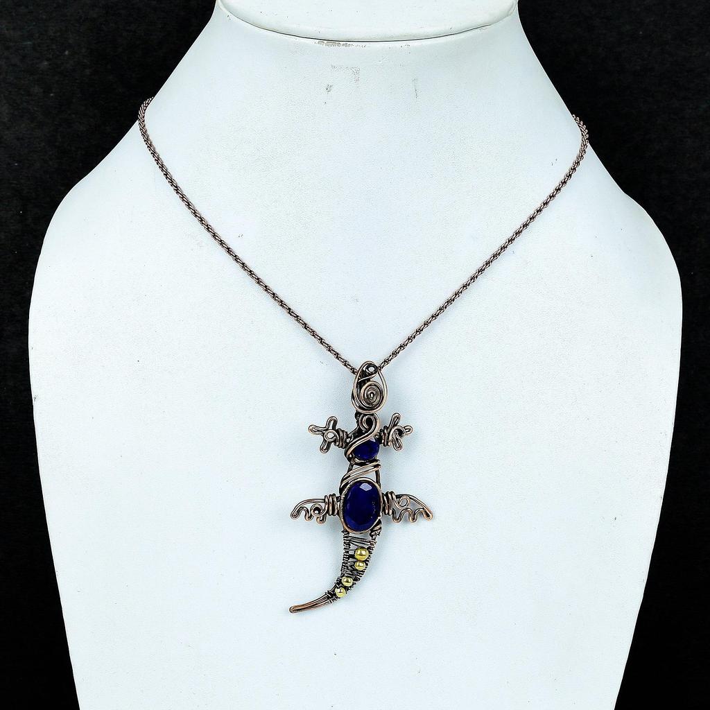 Кулон с синим сапфиром, Кулон с драгоценным камнем ручной работы, Кулон, обернутый медной проволокой 999 пробы, Антикварное украшение, Для подарка на помолвку