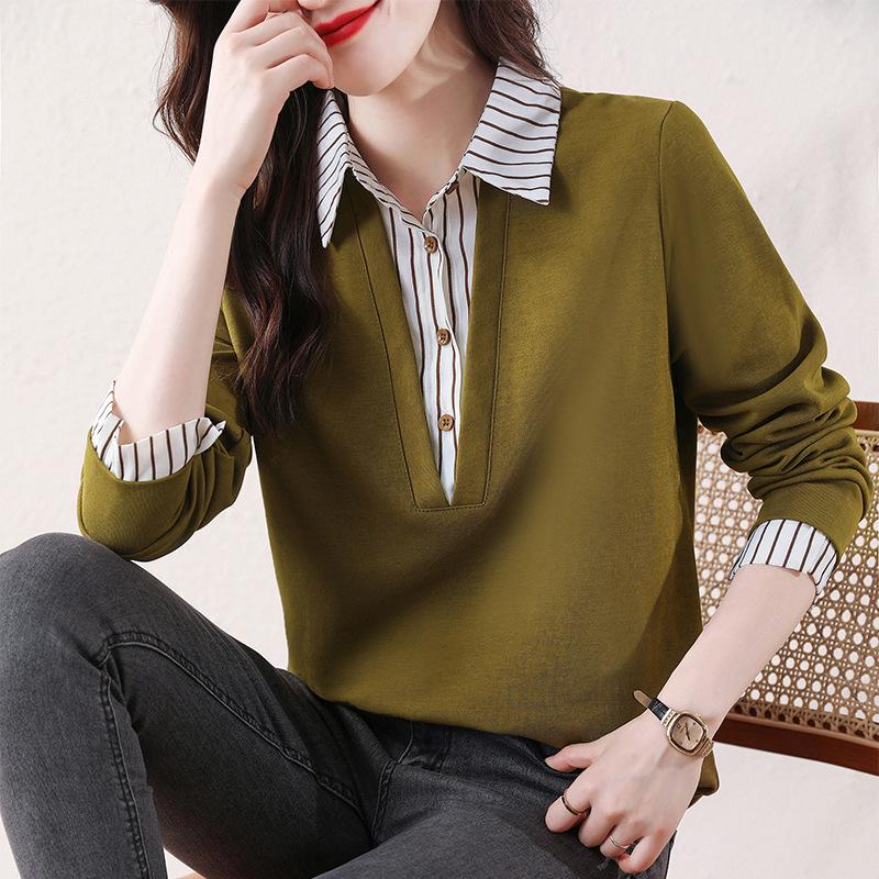 Женская новинка осени, полосатая рубашка с воротником-поло, имитация двухкомпонентного свитшота с длинными рукавами