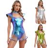 Womens Space Alien Cosplay Costume Fly Sleeve Cutout Briefs Bottom PVC Skirt One Piece Bodysuit Carnival Wear
