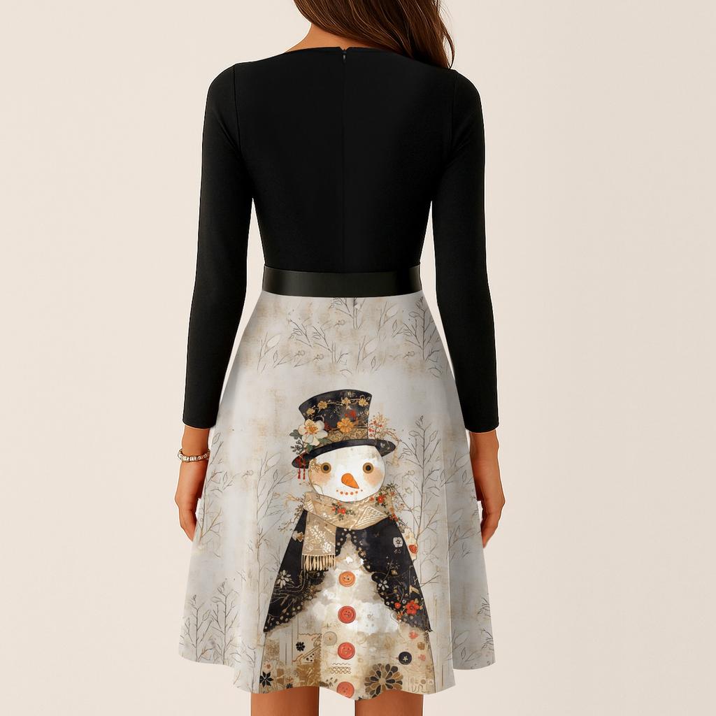 Женские повседневные модные платья с круглым вырезом, длинным рукавом, рождественским принтом, для вечеринки, винтажные длинные платья