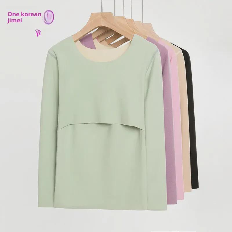 Бесшовный теплый осенний топ для беременных с бархатом, для кормления и послеродового периода, длинные рукава, 2003 г.