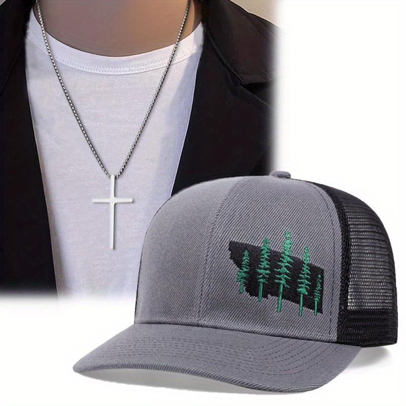2pcs Embroidered Camouflage Baseball Cap Cross Pendant Necklace Set Men's Women's Sports Versatile Fashion Leisure Sun Hat Duck Tongue Cap