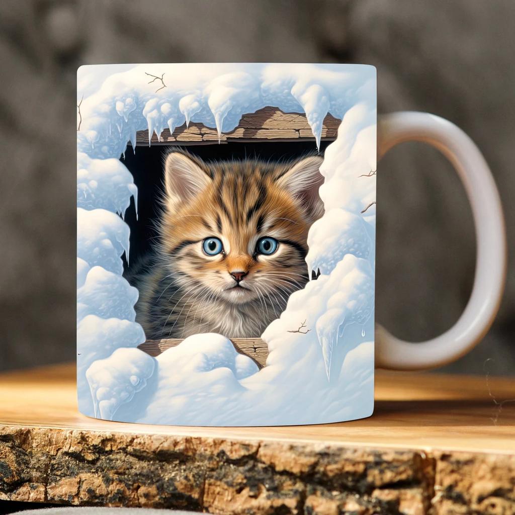 3D Graphic Painting Kitten Cat Cat Snowflake Hole Ceramic Coffee Mark Cup Tea Cup New Hollow