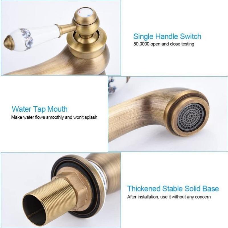 Винтажный старинный латунный смеситель с синим и белым фарфором, смеситель с длинным горлышком для ванной комнаты/кухни, раковина для холодной и горячей воды (Античная отделка)