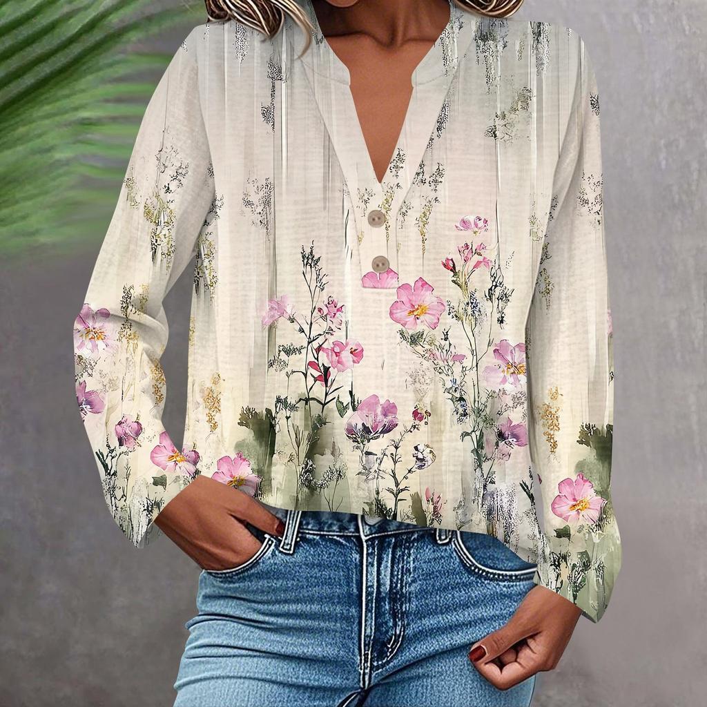 Женская модная и повседневная рубашка с длинным рукавом, V-образным вырезом, на пуговицах, с принтом, блузка, топ