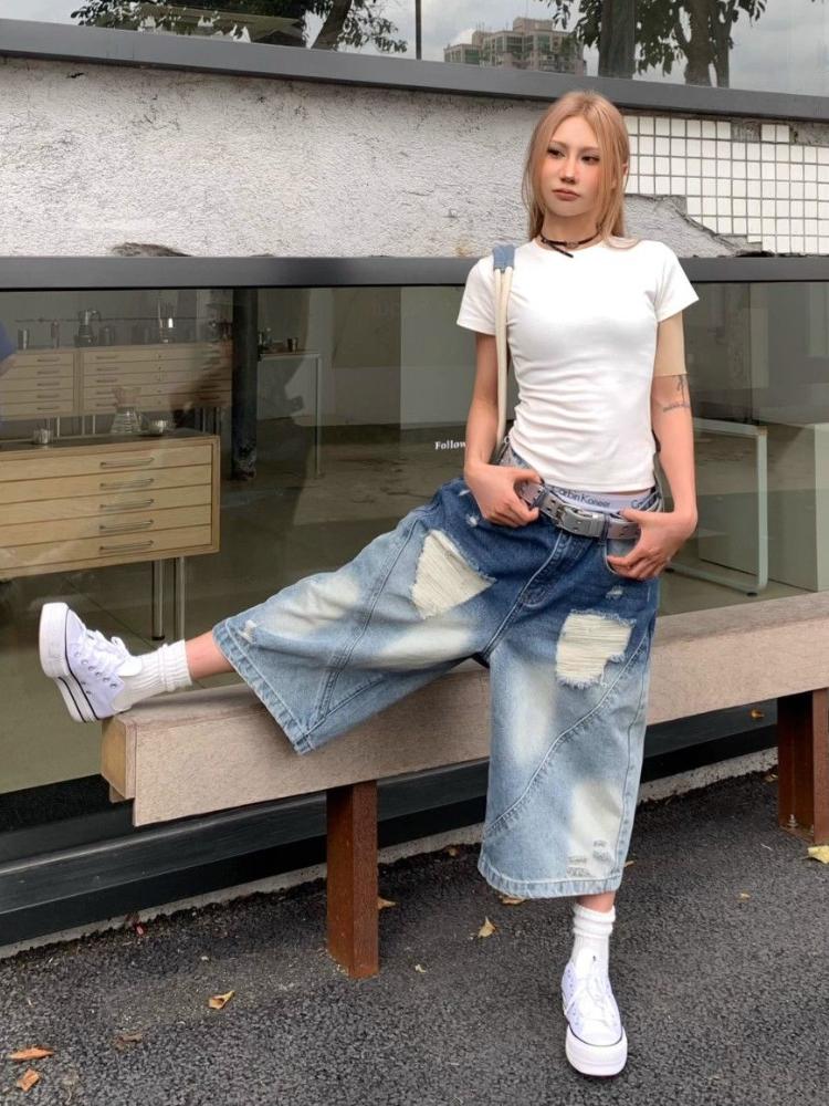 90s Plus Size American Retro Ripped Cropped Jeans Women Y2k Design Sense Shorts Loose High Waisted Straight Wide Leg Pants