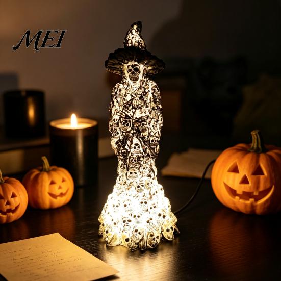 Small Desk Lamp for Dorm Skeleton Witch Resin Figurine, LED Light Up Gothic Statue, Spooky Bohemian Style Home Accents Dark Fantasy Ornament