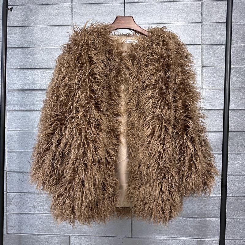 Женское пальто средней длины из искусственной овечьей шерсти в корейском стиле, бежевое