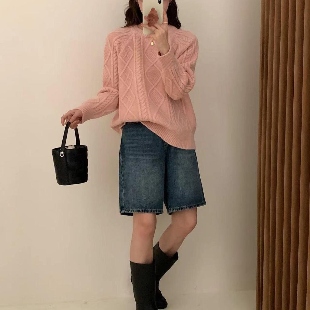 Vintage Twist Thickened Pullover Sweater Women's Autumn and Winter Solid Color Round Neck All-match Loose Knitted Sweater for Outer Wear