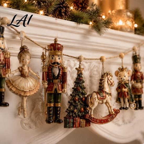 Christmas Nutcracker Garland Wooden Wreath Vintage Fairy Tale Hanging with European Style Festive Wall Decor Ballet Girl Horse Castle Fireplace And